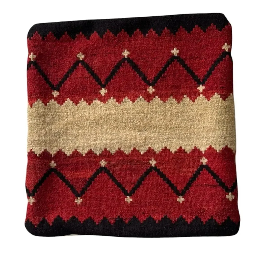 Handwoven Wool Kilim Pillow Cover 22x22 Red Black Contemporary Geometric Cushion